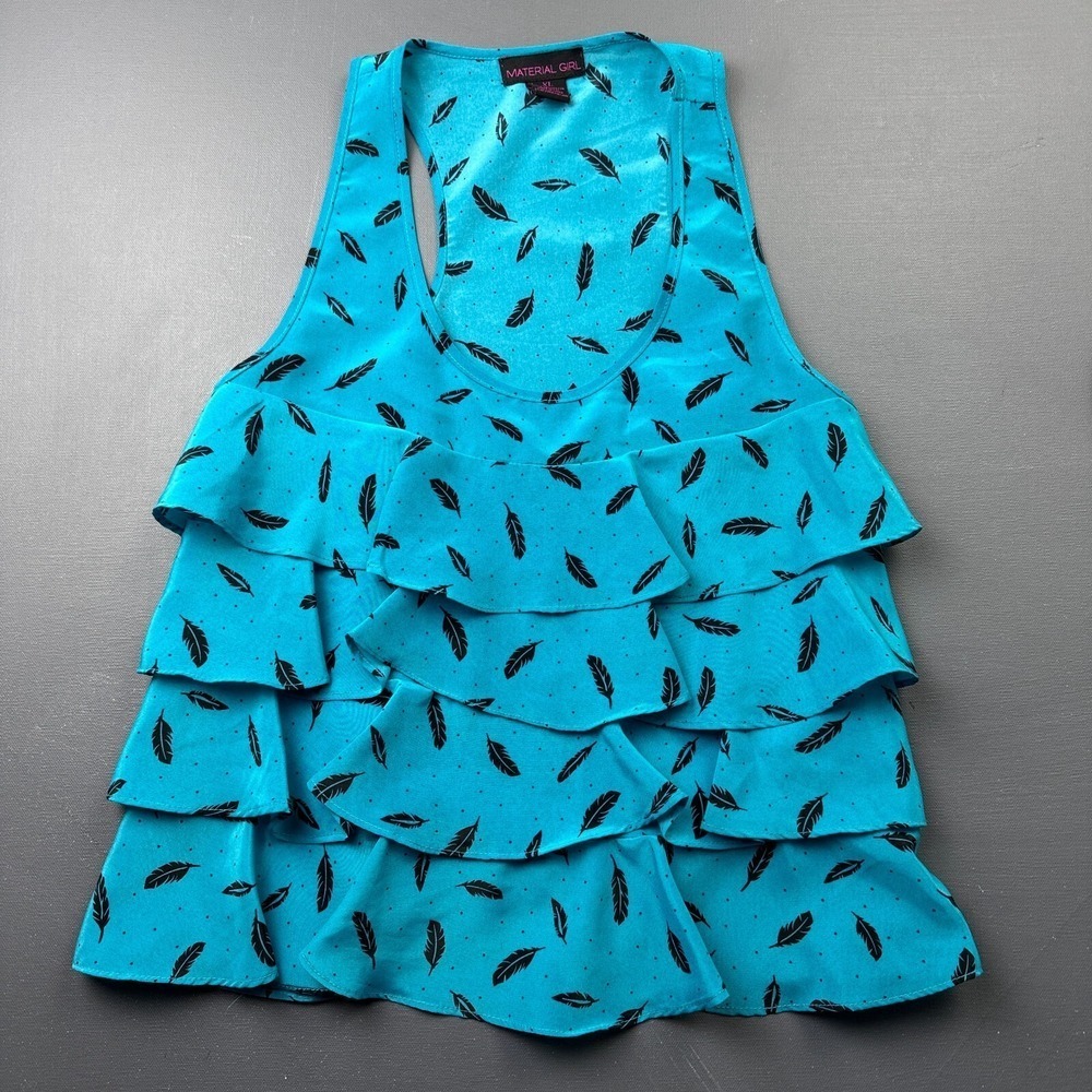 Material Girl Tank Top Women's XL Blue Feather Print Ruffle Layered Blouse Boho